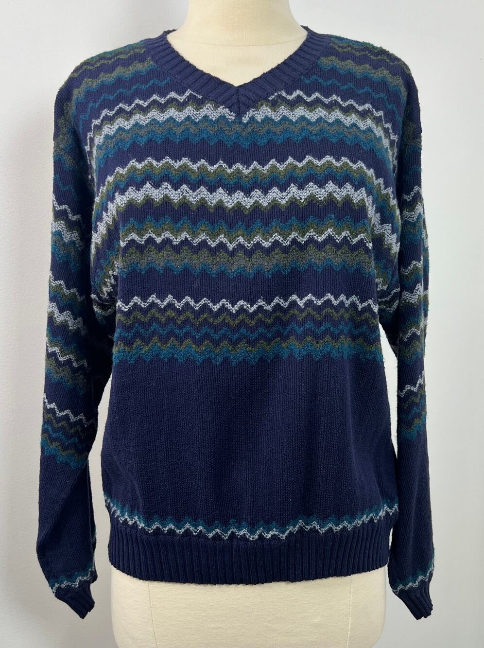 Le Moda Vintage Pullover Sweater Blue Striped Print Cabincore Retro Chic Size L